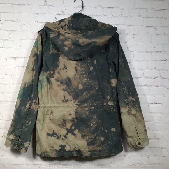 Bleach Tie Dye Hooded Parka Womans M Cinch Waist Field Jacket Arty Distressed - Picture 5 of 9